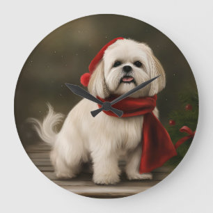 Reloj Redondo Grande Perro Lhasa Apso en Navidad con Nieve