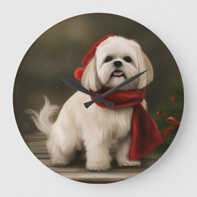 Reloj Redondo Grande Perro Lhasa Apso en Navidad con Nieve (Anverso)