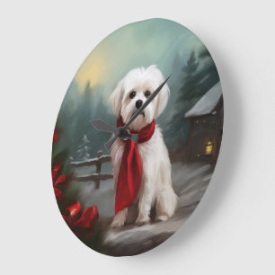 Reloj Redondo Grande Perro maltés en Navidad con nieve