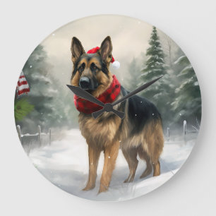 Reloj Redondo Grande Perro pastor alemán en Navidad con nieve