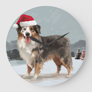 Reloj Redondo Grande Perro Pastor Australiano en Navidad con Nieve