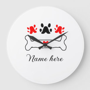 Reloj Redondo Grande Perro paw mascota de corazón rojo añadir nombre te