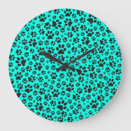 Reloj Redondo Grande Perro Paws Black and White Polka Dot en cian vivo