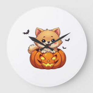 Reloj Redondo Grande Perro Pomerania Feliz Halloween calabaza Clásica c