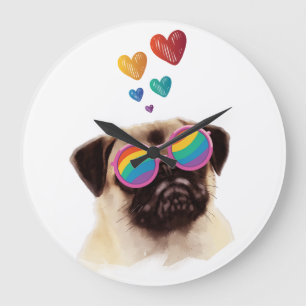 Reloj Redondo Grande Perro Pug con Corazones Día de San Valentín