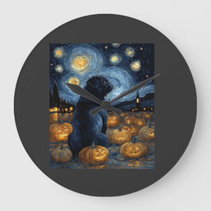 Reloj Redondo Grande Perro Pug negro de la noche estrellada de van gogh