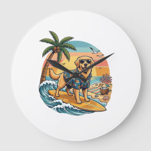 Reloj Redondo Grande Perro Retriever Dorado Surfing Surfboard Atardecer