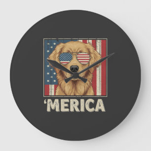Reloj Redondo Grande Perro Retriever Dorado Vintage Bandera 'Merica