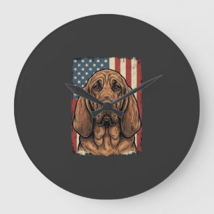 Reloj Redondo Grande Perro Sabueso Patriótico Arte de la Bandera Americ