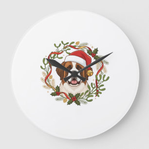 Reloj Redondo Grande Perro San Bernardo Navidad Sombrero Santa Corona