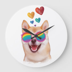 Reloj Redondo Grande Perro Shiba Inu con Corazones Día de San Valentín