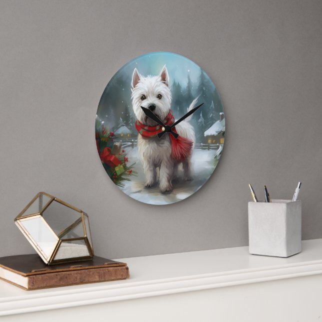 Reloj Redondo Grande Perro Terrier West Highland Blanco en Navidad con  (Oficina)