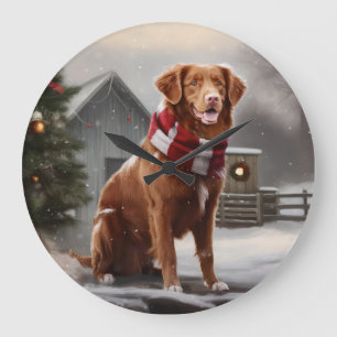 Reloj Redondo Grande Perro Tolling Retriever de Nueva Escocia en Navida