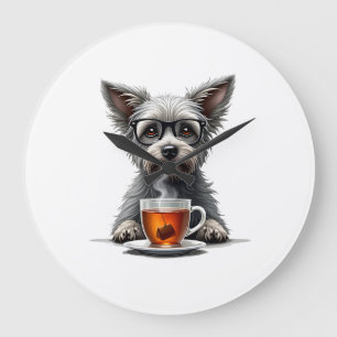 Reloj Redondo Grande Perro Vintage sosteniendo té con gafas Mascota Ret