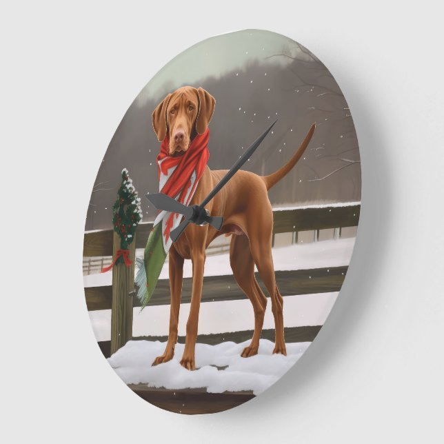 Reloj Redondo Grande Perro Vizsla en Navidades de nieve (Ángulo)