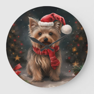 Reloj Redondo Grande Perro Yorkshire Terrier en Navidad con Nieve