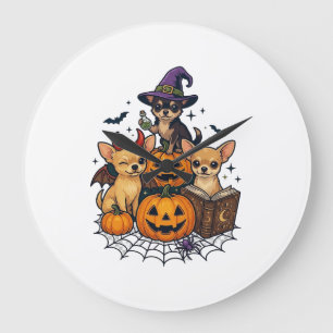 Reloj Redondo Grande Perros Chihuahua de Halloween Calabazas Sombrero d