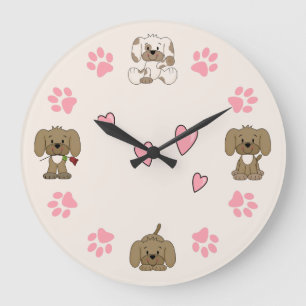 Reloj Redondo Grande Perros de cachorro, pinturas rosadas y corazones r