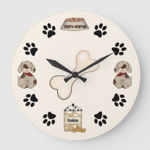 Reloj Redondo Grande Perros de perrito, impresiones de la pata y hueso