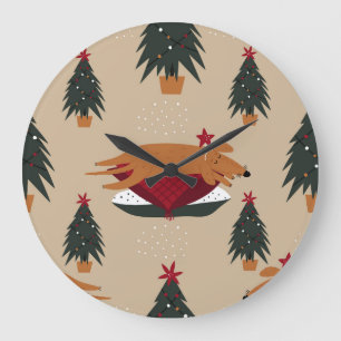 Reloj Redondo Grande Perros navidades, fondo de invierno festivo.
