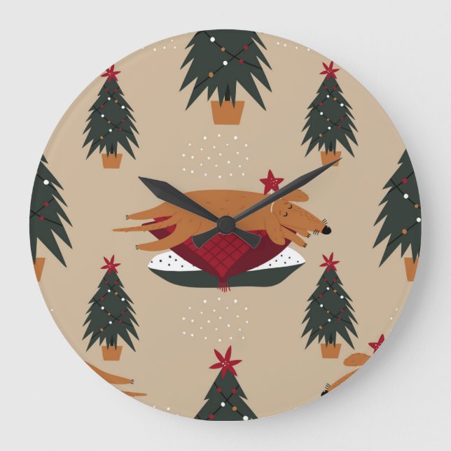 Reloj Redondo Grande Perros navidades, fondo de invierno festivo. (Anverso)