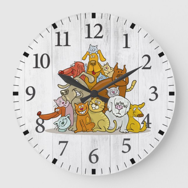Reloj Redondo Grande Perros y gatos lindos (Anverso)