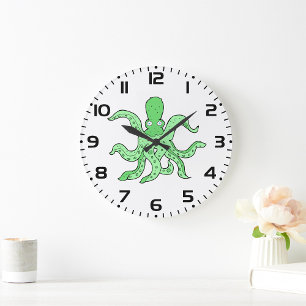 Reloj Redondo Grande Personaje de pulpo verde Monstruo del mar Quirky