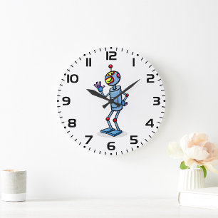 Reloj Redondo Grande Personaje de Robot Retro Futurista Saludando