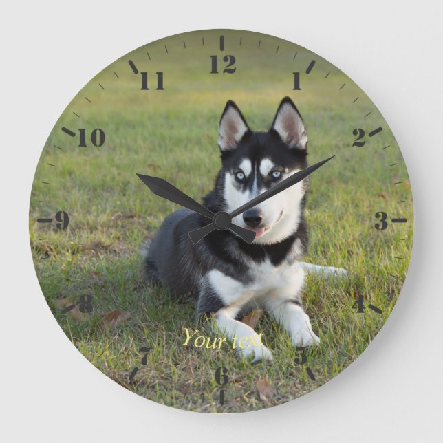 Reloj Redondo Grande Personalice feliz cachorrito siberiano Husky (Anverso)