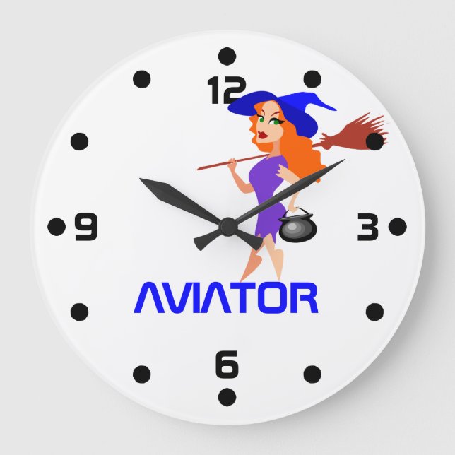 Reloj Redondo Grande personalizable Aviador de brujas de bonito (Anverso)