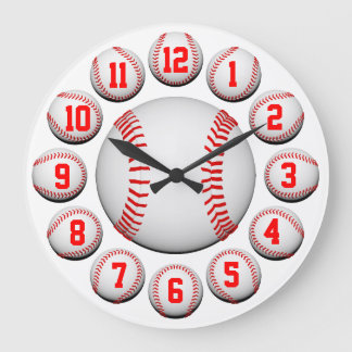 Reloj Redondo Grande Personalizable blanco y rojo del béisbol #2