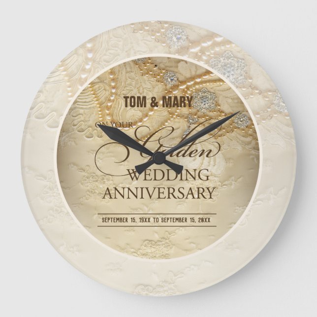 Reloj Redondo Grande Personalizable, Perlas del 50 aniversario Boda (Anverso)