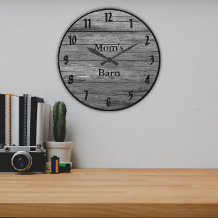 Reloj Redondo Grande Personalizable Rústico De Madera Oscura Y Gris