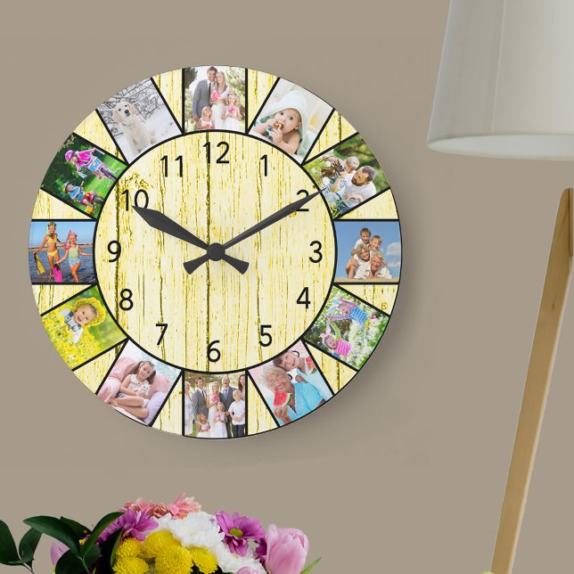 Reloj Redondo Grande Personalizado 12 Collage de fotos Crema Rustica Ro (Photo clock with 12 photos, one at each hour. Great design for your home or a thoughtful photo gift.)