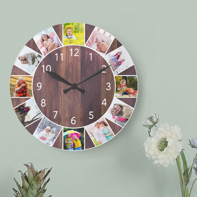 Reloj Redondo Grande Personalizado 12 Collage de fotos Madera caliente  (Photo clock with 12 photos, one at each hour. Great design for your home or a thoughtful photo gift.)