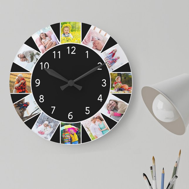 Reloj Redondo Grande Personalizado 12 Collage de fotos Negro gris redon (Photo clock with 12 photos, one at each hour. Great design for your home or a thoughtful photo gift.)