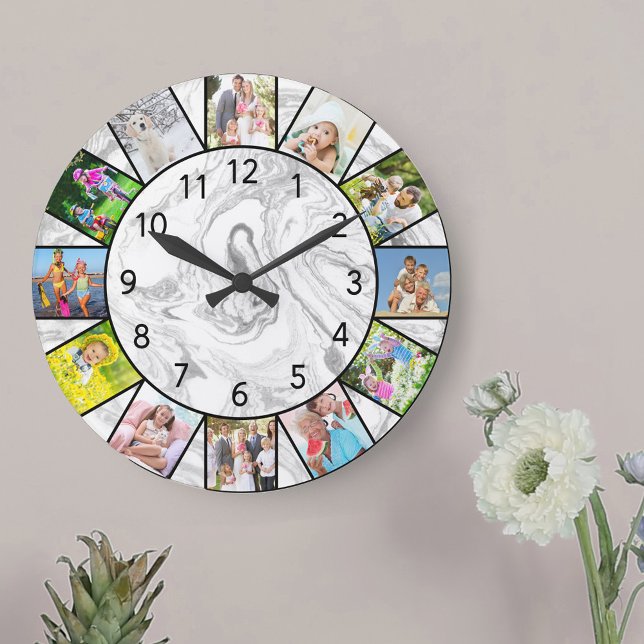 Reloj Redondo Grande Personalizado 12 Collage de fotos Redondo de mármo (Photo clock with 12 photos, one at each hour. Great design for your home or a thoughtful photo gift.)