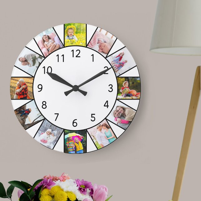 Reloj Redondo Grande Personalizado 12 Collage de fotos Ronda blanca (Photo clock with 12 photos, one at each hour. Great design for your home or a thoughtful photo gift.)