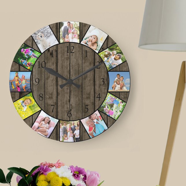 Reloj Redondo Grande Personalizado 12 Collage de fotos Rústico Ronda de (Photo clock with 12 photos, one at each hour. Great design for your home or a thoughtful photo gift.)