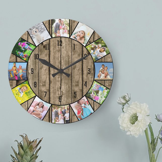 Reloj Redondo Grande Personalizado 12 Collages de fotos Rústico de made (Photo clock with 12 photos, one at each hour. Great design for your home or a thoughtful photo gift.)