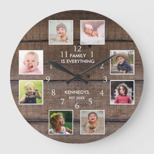 Reloj Redondo Grande Personalizado 8 Collages de fotos Rústica Madera 