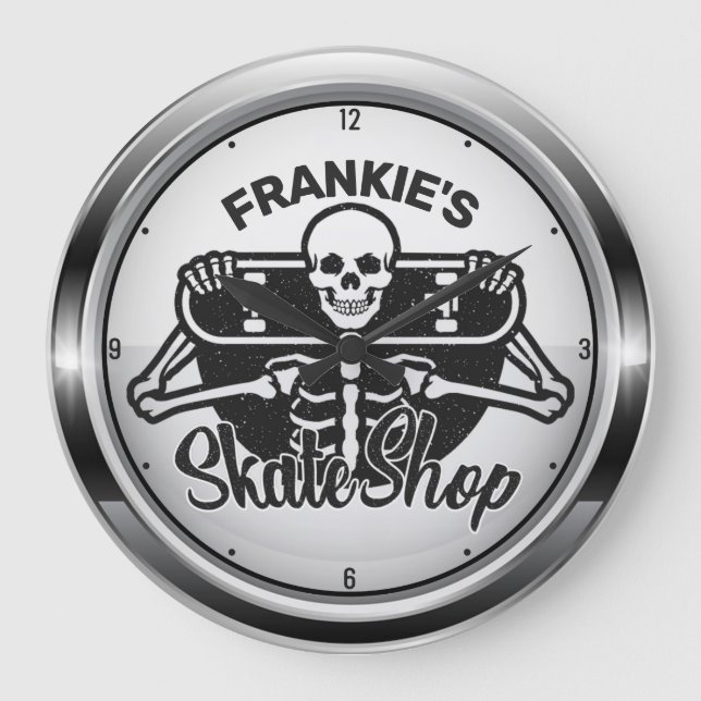 Reloj Redondo Grande Personalizado AÑADIR NOMBRE Skull Skateboard Skate (Anverso)