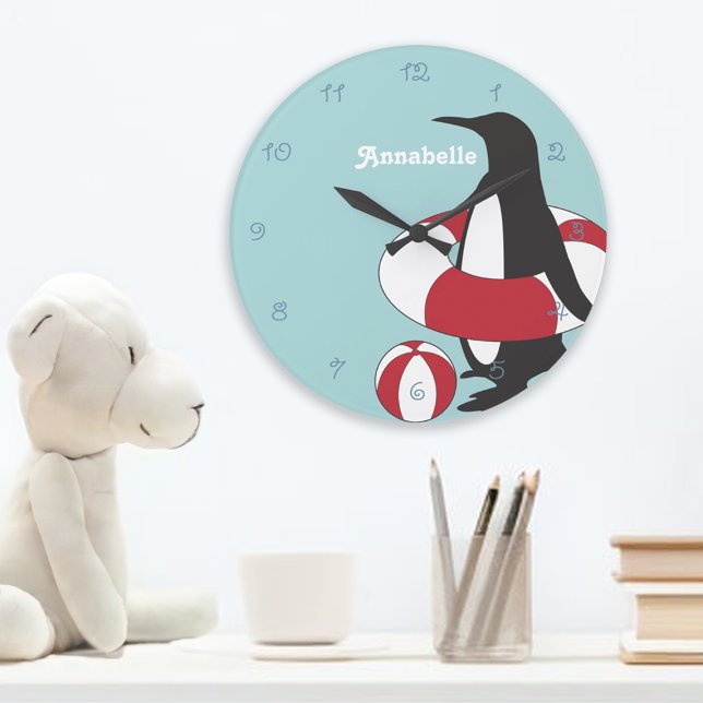 Reloj Redondo Grande Personalizado azul claro lindo pingüino niños nada (Subido por el creador)