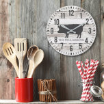 Reloj Redondo Grande Personalizado de avispones rústicos nombre de fami<br><div class="desc">Rústico Chippy Planks Personalizado Family Name Pig Large Farmhouse Style Clock cuenta con un fondo de madera de cachorro blanco, con un cerdo de campo y se personaliza con tu nombre. Parte de una colección. Si necesitas ayuda para personalizar tu reloj, o si buscas elementos de coordinación, por favor no...</div>