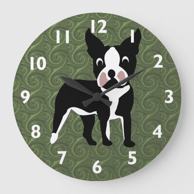 Reloj Redondo Grande Personalizado de Boston Terrier (Anverso)