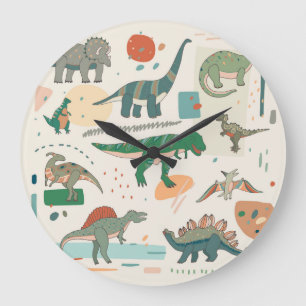 Reloj Redondo Grande Personalizado de dinosaurios: ilustracion vintage.