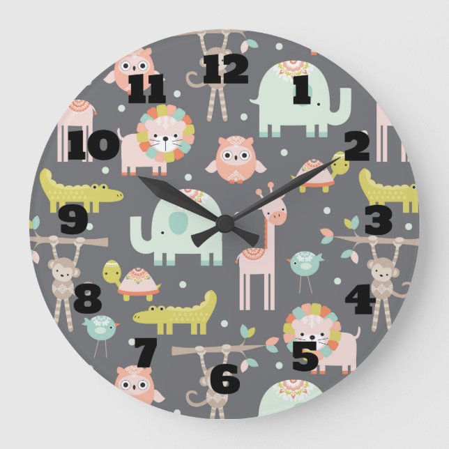 Reloj Redondo Grande Personalizado de Ilustracion de animales salvajes (Anverso)