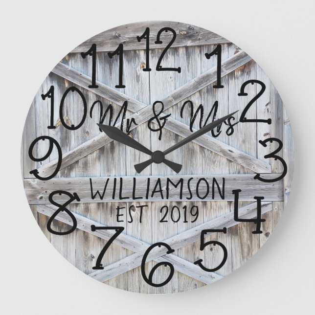 Reloj Redondo Grande Personalizado de Madera Gris Rústico (Anverso)