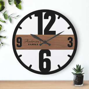 Reloj Redondo Grande Personalizado de madera marrón nombre familia eleg
