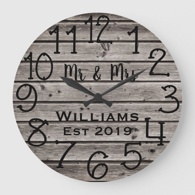 Reloj Redondo Grande Personalizado de Madera Marrón Rústico (Anverso)